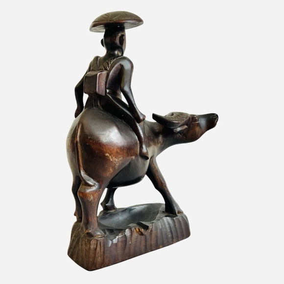 Vintage Hand Carved Wooden Water Buffalo With Man Riding Animal Statue - Picture 5 of 6
